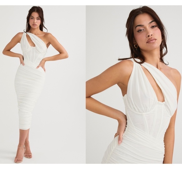 HOUSE OF CB XS D-DD  'Valentina' Ivory white Asymmetric Cutout Midi Dress NWOT‎ - Picture 3 of 15